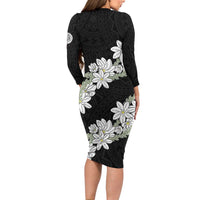 Ia Orana Tahiti Tiare Long Sleeve Bodycon Dress Black Lei - Polynesian Pride