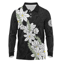 Ia Orana Tahiti Tiare Long Sleeve Polo Shirt Black Lei LT7 Black - Polynesian Pride