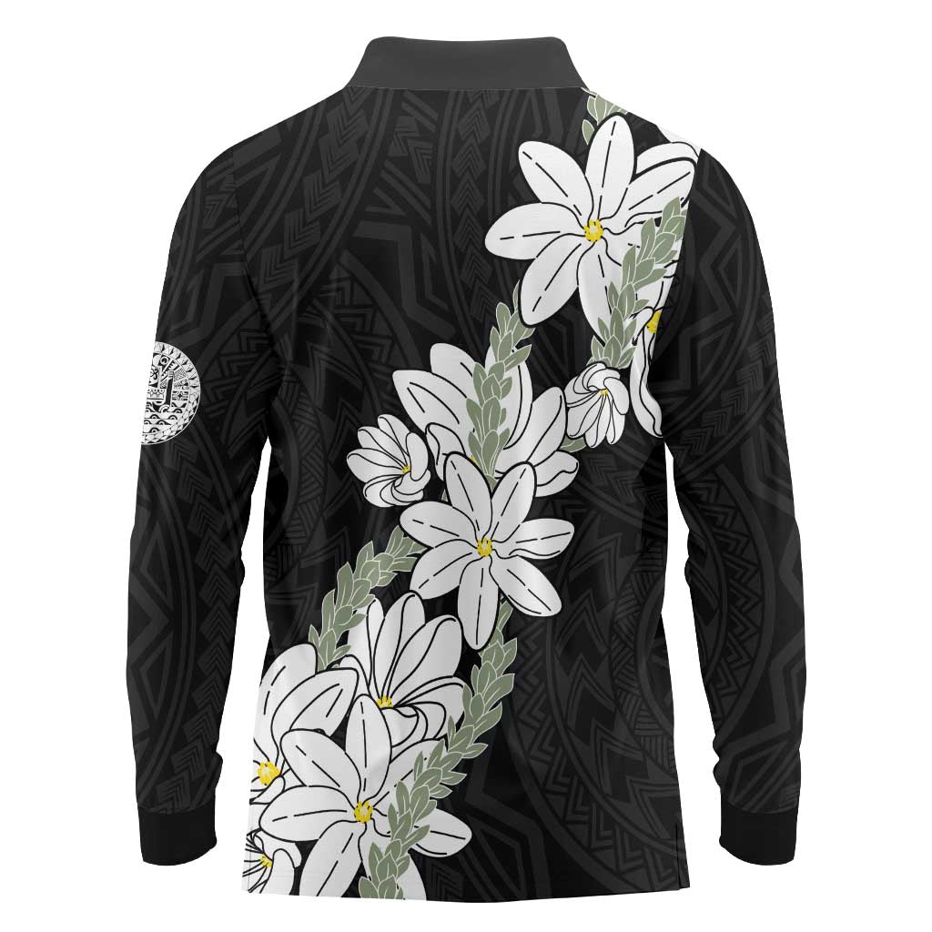 Ia Orana Tahiti Tiare Long Sleeve Polo Shirt Black Lei LT7 - Polynesian Pride