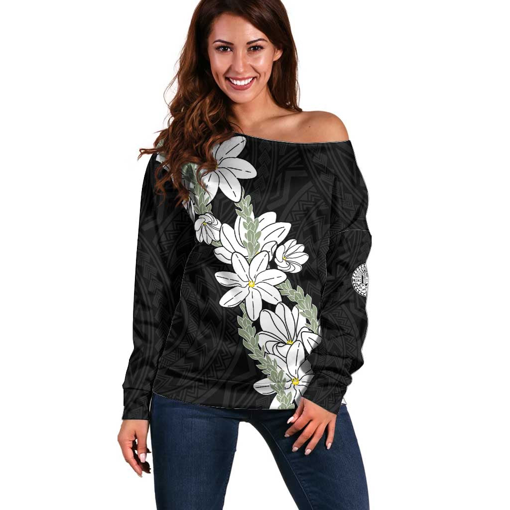 Ia Orana Tahiti Tiare Off Shoulder Sweater Black Lei - Polynesian Pride