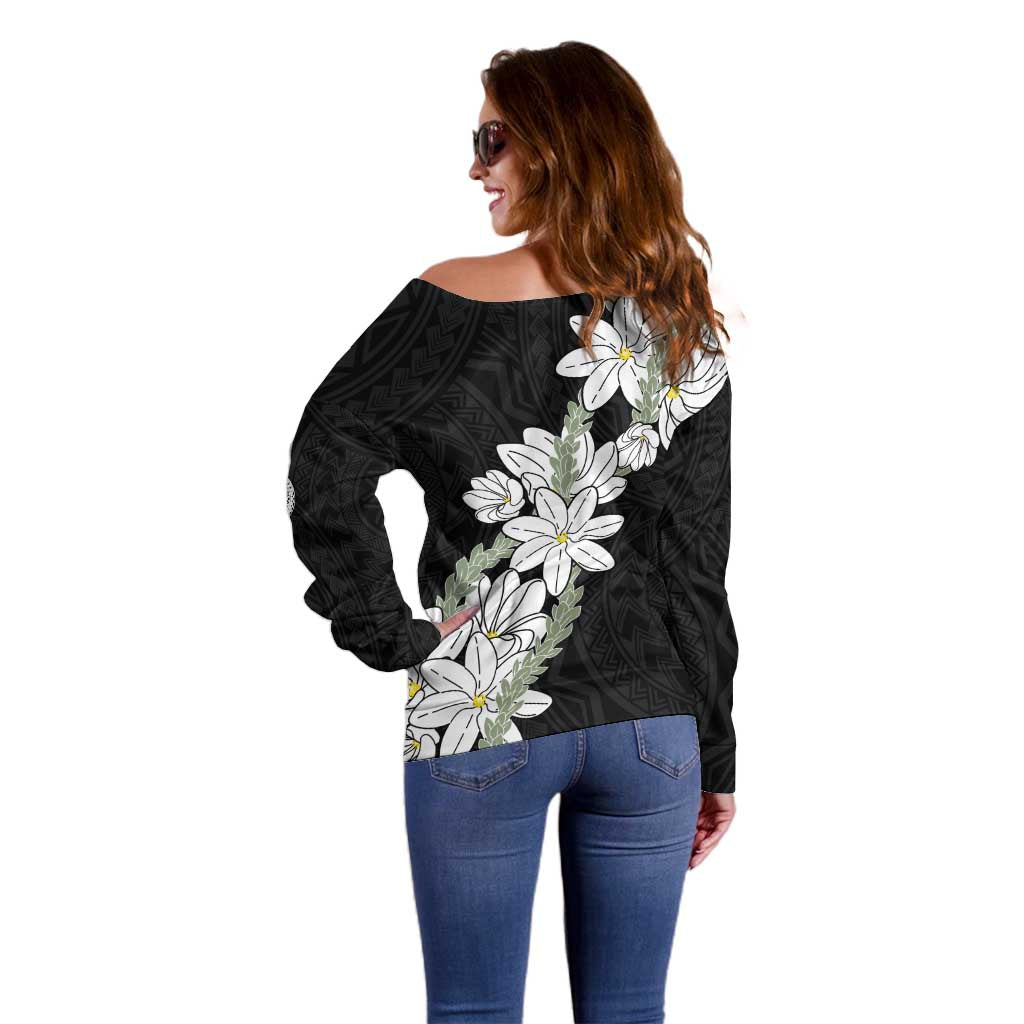 Ia Orana Tahiti Tiare Off Shoulder Sweater Black Lei - Polynesian Pride
