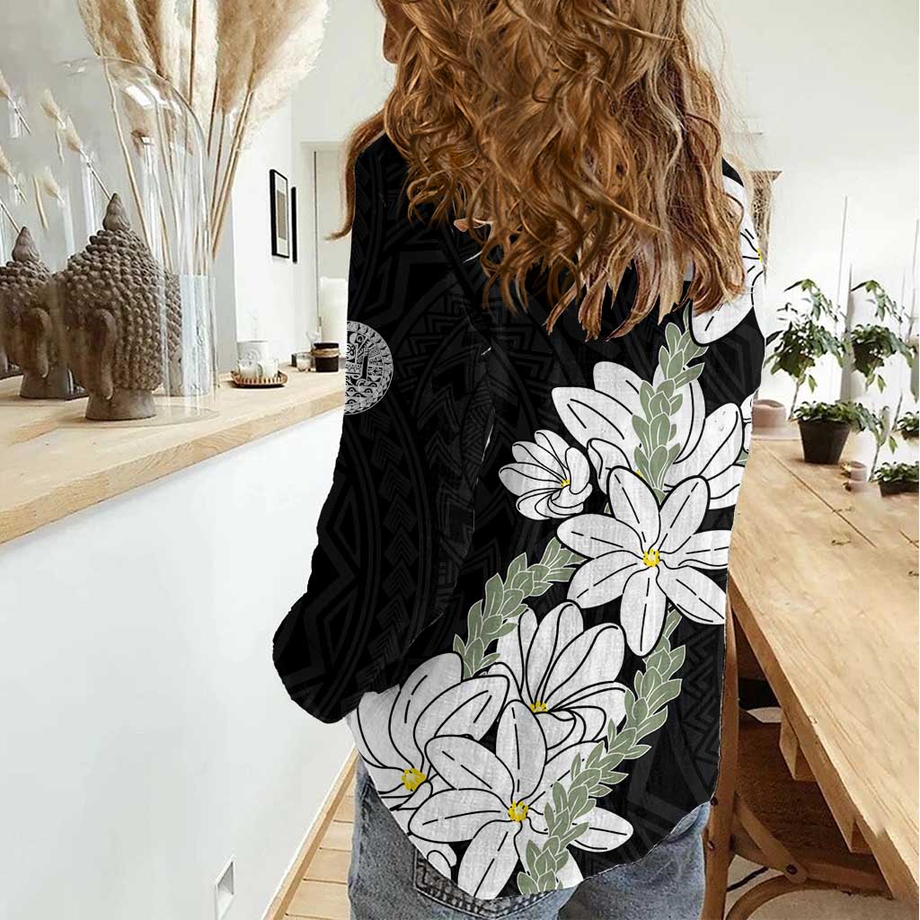 Ia Orana Tahiti Tiare Women Casual Shirt Black Lei - Polynesian Pride
