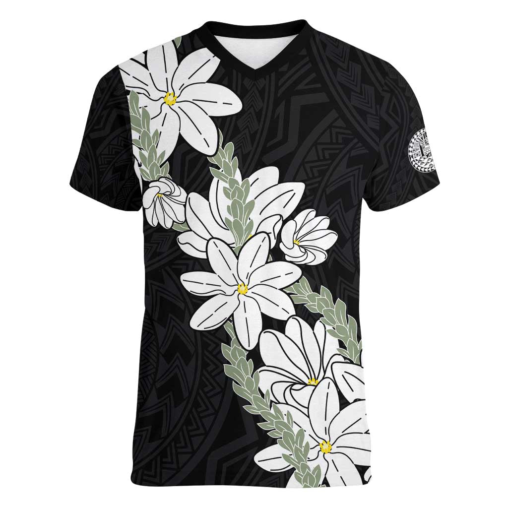 Ia Orana Tahiti Tiare Women V-Neck T-Shirt Black Lei - Polynesian Pride