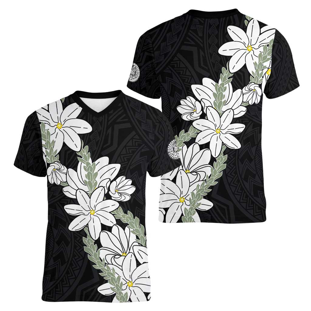 Ia Orana Tahiti Tiare Women V-Neck T-Shirt Black Lei - Polynesian Pride