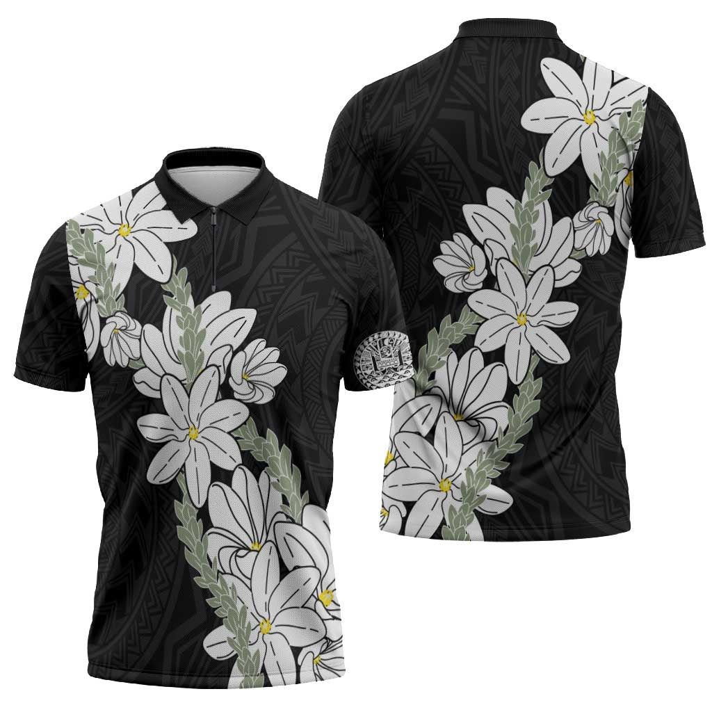 Ia Orana Tahiti Tiare Zipper Polo Shirt Black Lei LT7 - Polynesian Pride