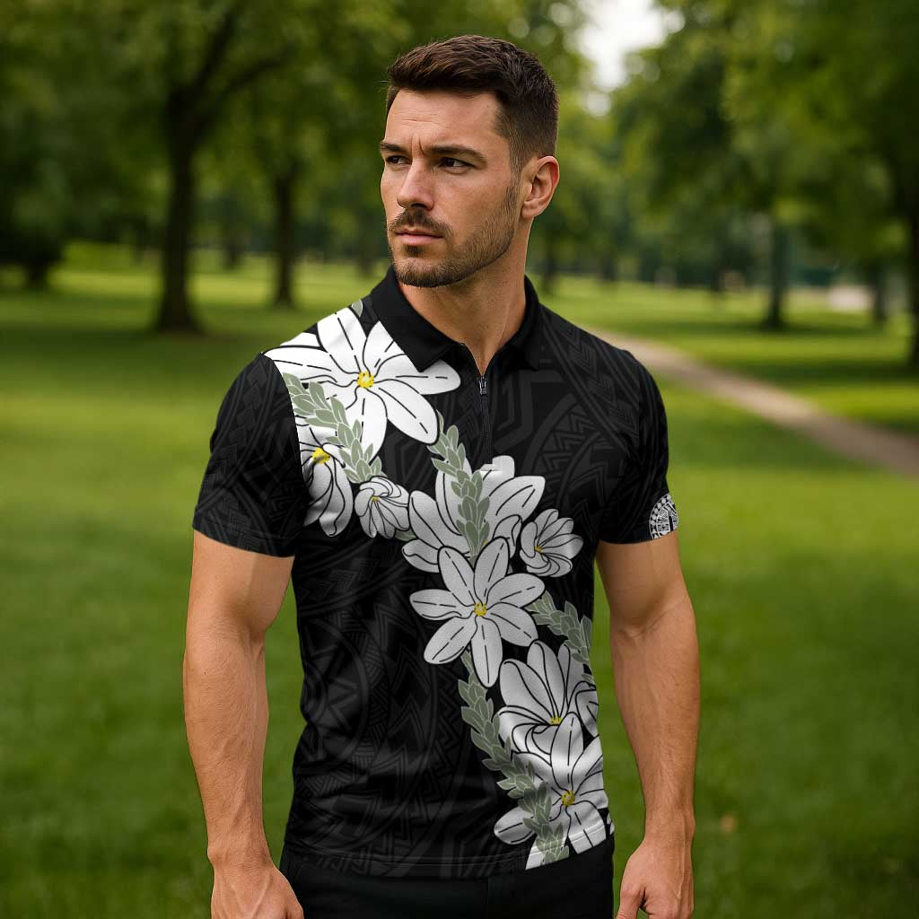 Ia Orana Tahiti Tiare Zipper Polo Shirt Black Lei LT7 - Polynesian Pride