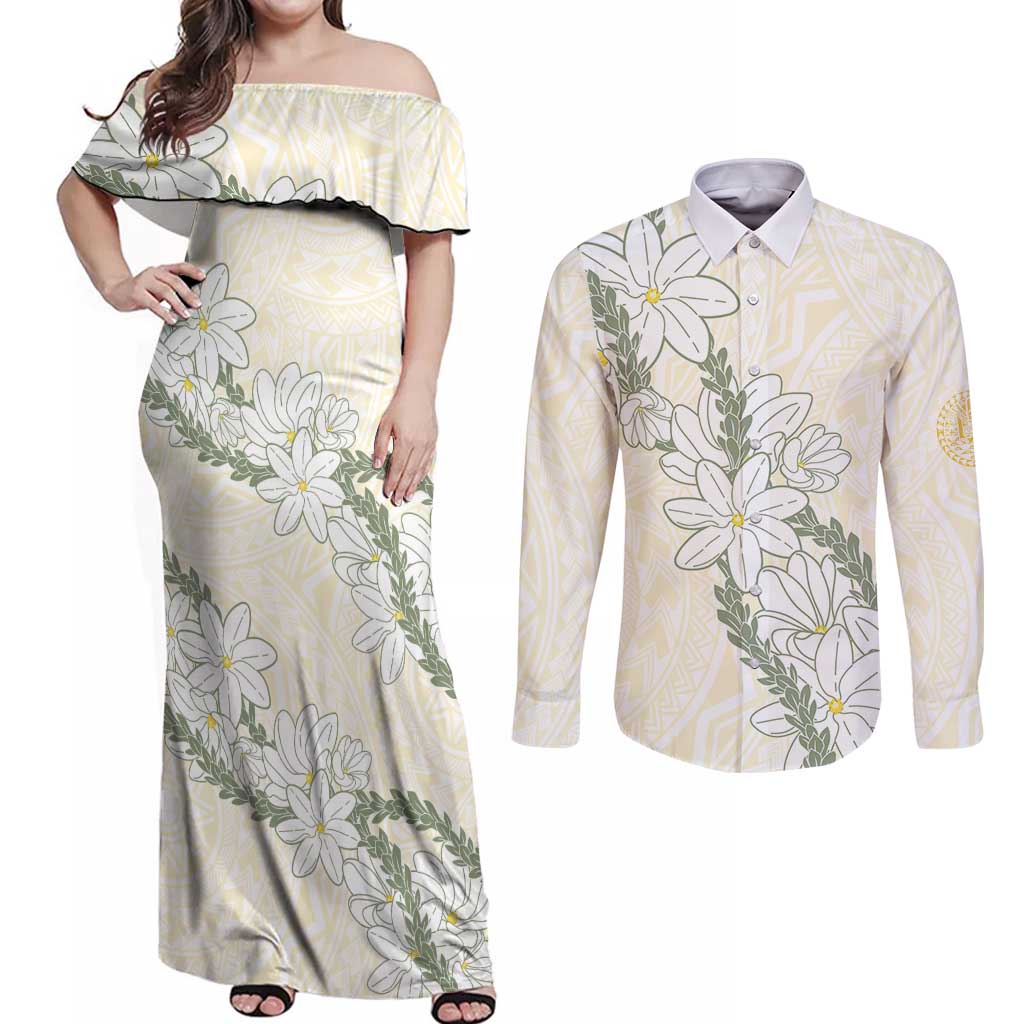 Ia Orana Tahiti Tiare Couples Matching Off Shoulder Maxi Dress and Long Sleeve Button Shirt Lemon Yellow Lei LT7 Lemon - Polynesian Pride