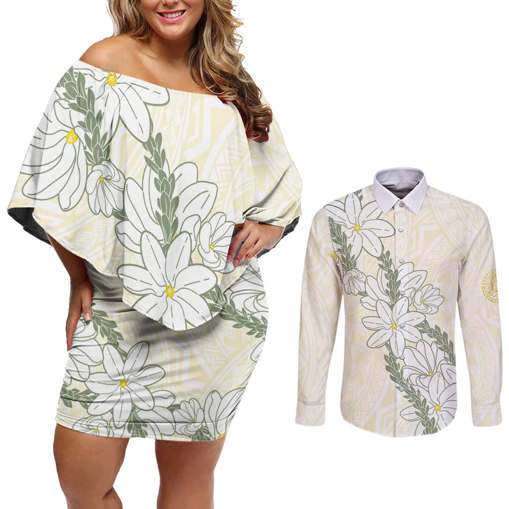 Ia Orana Tahiti Tiare Couples Matching Off Shoulder Short Dress and Long Sleeve Button Shirt Lemon Yellow Lei LT7 Lemon - Polynesian Pride