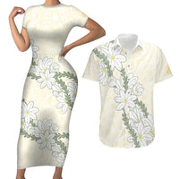 Ia Orana Tahiti Tiare Couples Matching Short Sleeve Bodycon Dress and Hawaiian Shirt Lemon Yellow Lei - Polynesian Pride