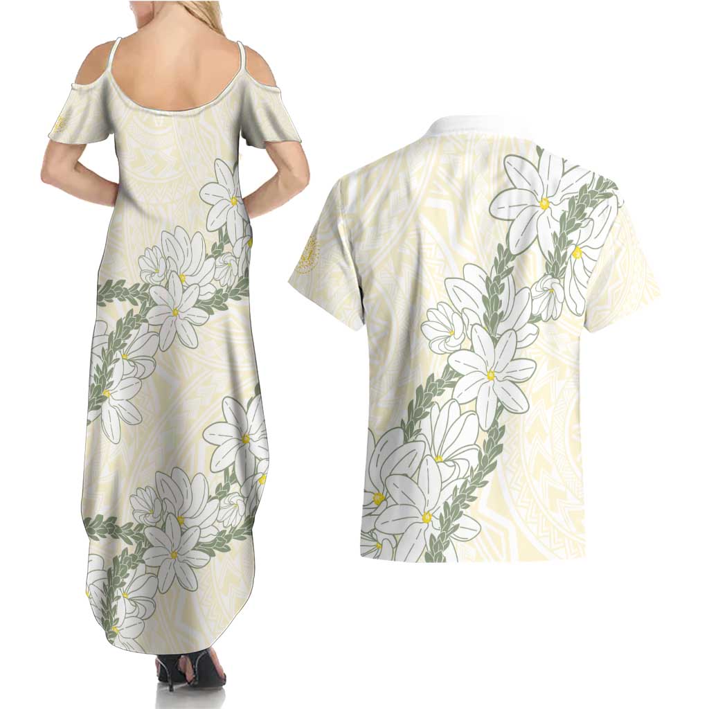 Ia Orana Tahiti Tiare Couples Matching Summer Maxi Dress and Hawaiian Shirt Lemon Yellow Lei - Polynesian Pride