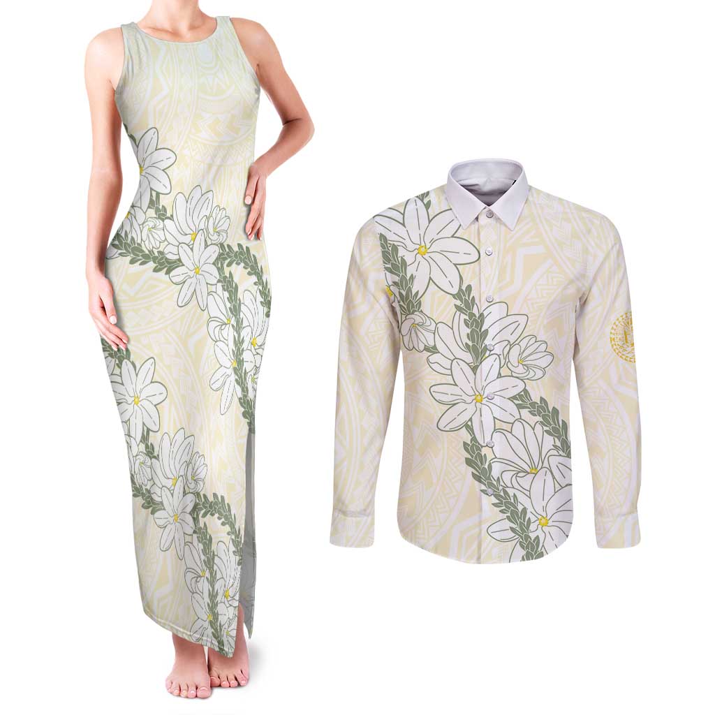 Ia Orana Tahiti Tiare Couples Matching Tank Maxi Dress and Long Sleeve Button Shirt Lemon Yellow Lei LT7 Lemon - Polynesian Pride
