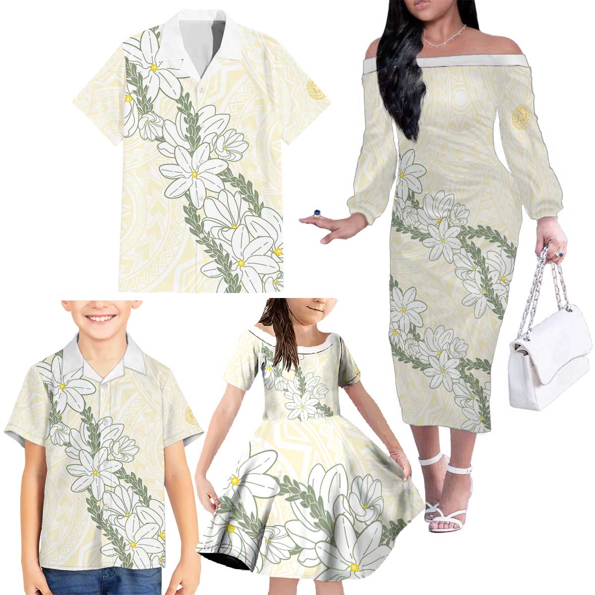 Ia Orana Tahiti Tiare Family Matching Off The Shoulder Long Sleeve Dress and Hawaiian Shirt Lemon Yellow Lei - Polynesian Pride