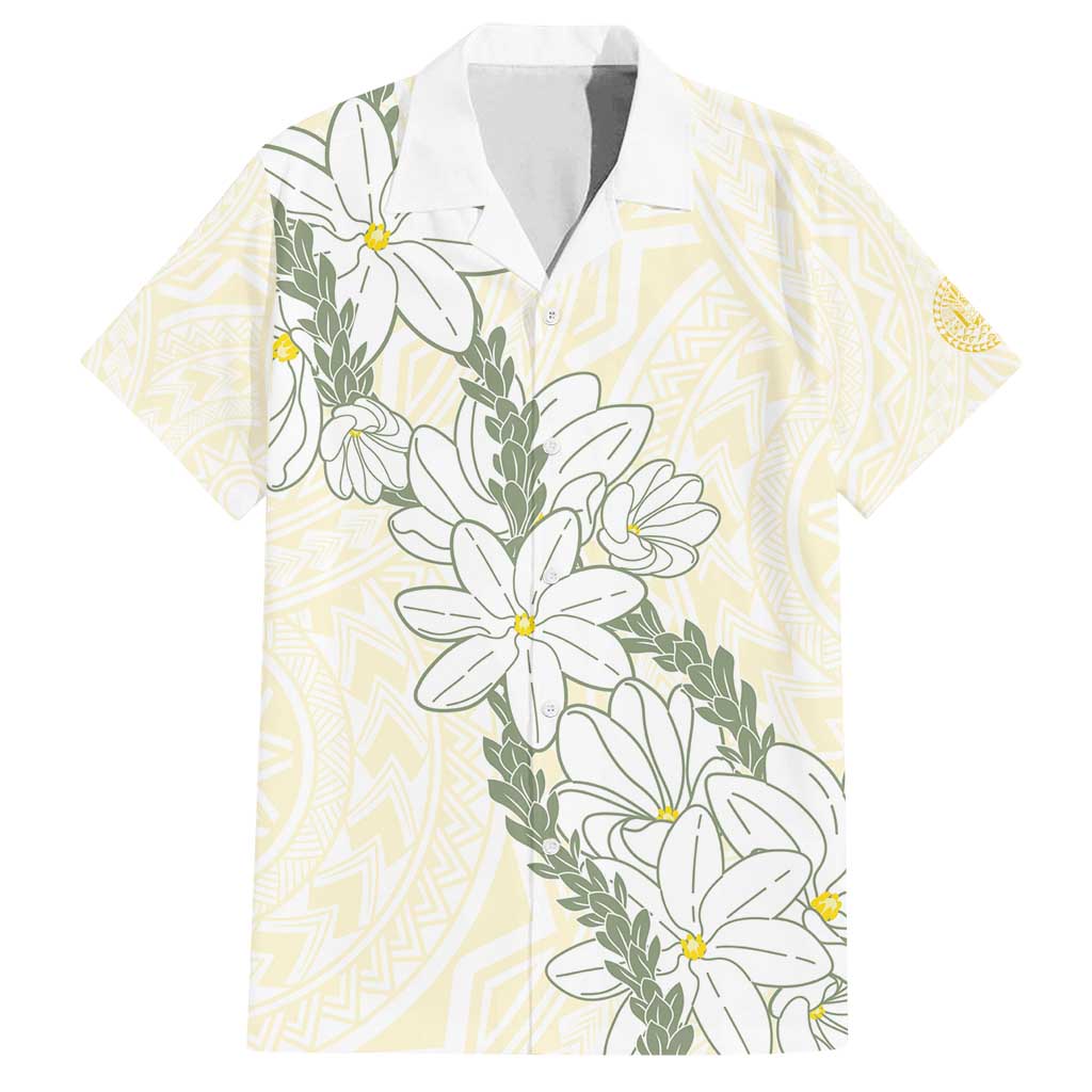 Ia Orana Tahiti Tiare Family Matching Off Shoulder Short Dress and Hawaiian Shirt Lemon Yellow Lei - Polynesian Pride