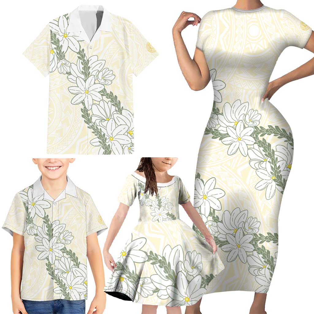 Ia Orana Tahiti Tiare Family Matching Short Sleeve Bodycon Dress and Hawaiian Shirt Lemon Yellow Lei - Polynesian Pride