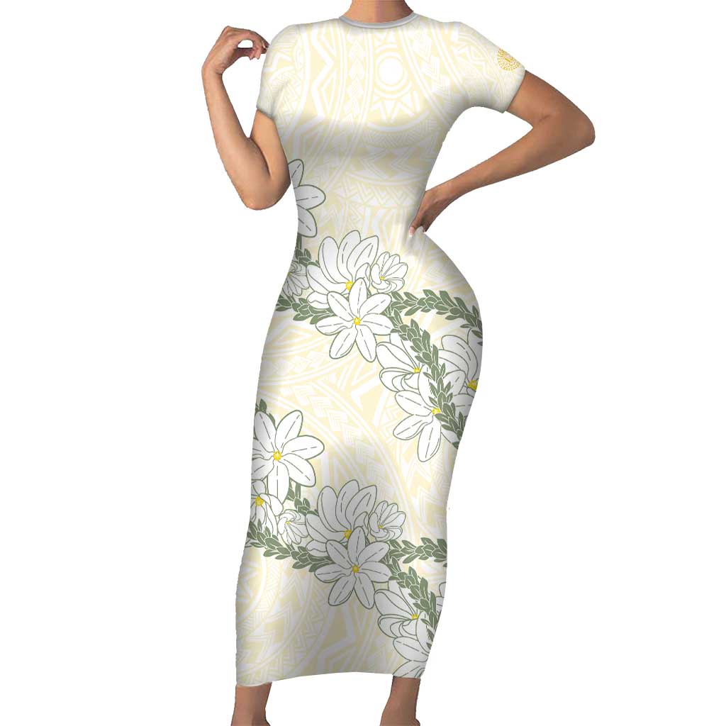 Ia Orana Tahiti Tiare Family Matching Short Sleeve Bodycon Dress and Hawaiian Shirt Lemon Yellow Lei - Polynesian Pride