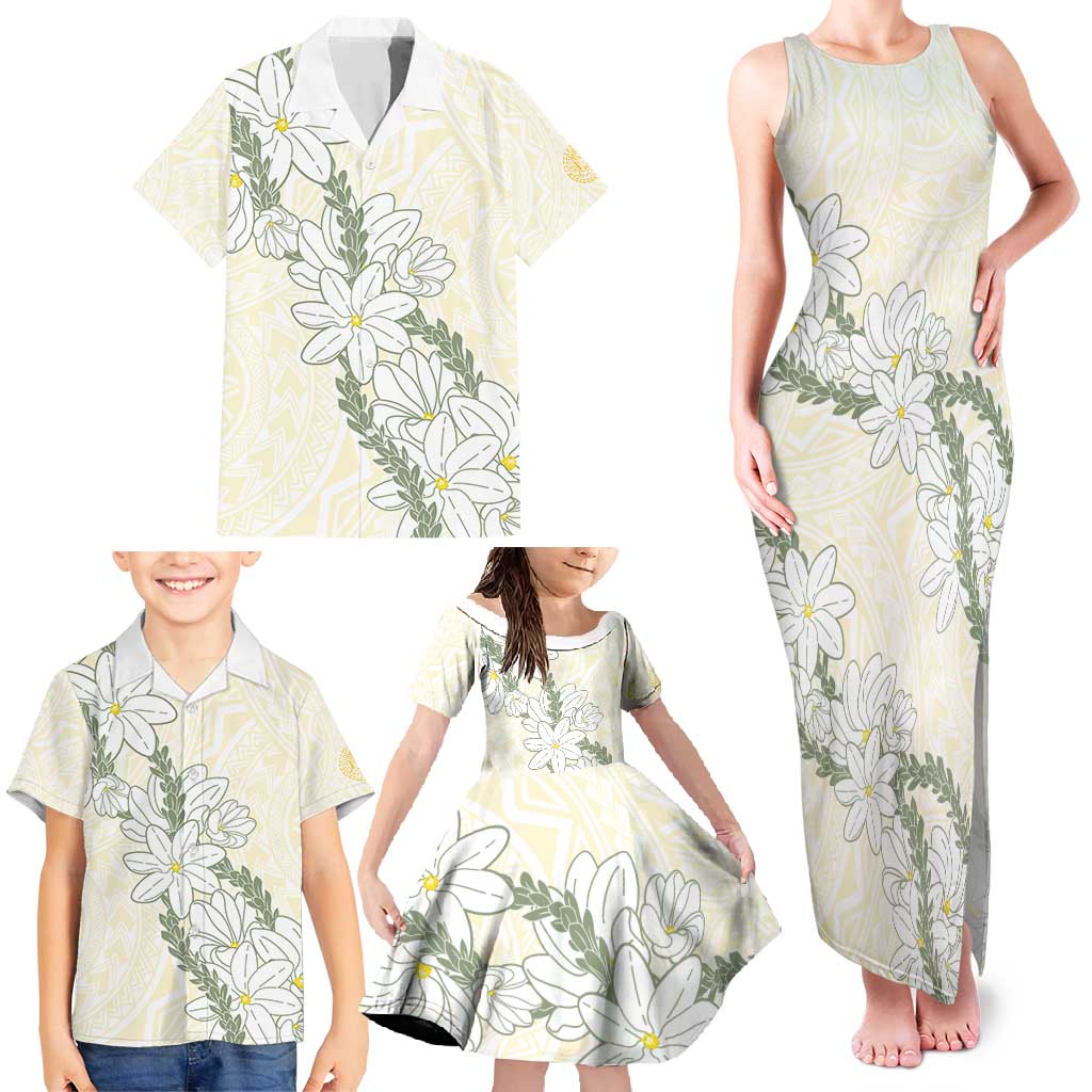 Ia Orana Tahiti Tiare Family Matching Tank Maxi Dress and Hawaiian Shirt Lemon Yellow Lei - Polynesian Pride