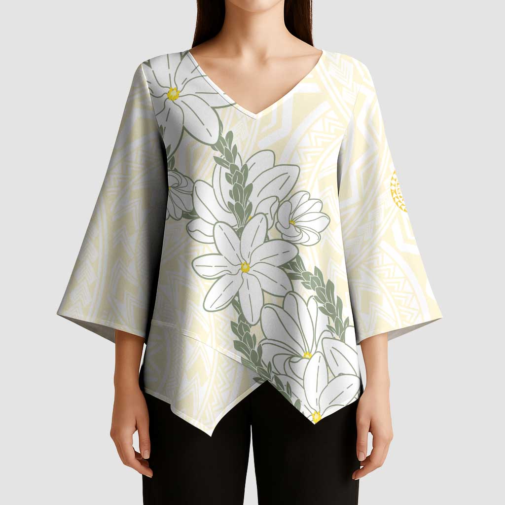 Ia Orana Tahiti Tiare Kimono Sleeve Blouse Lemon Yellow Lei LT7 - Polynesian Pride