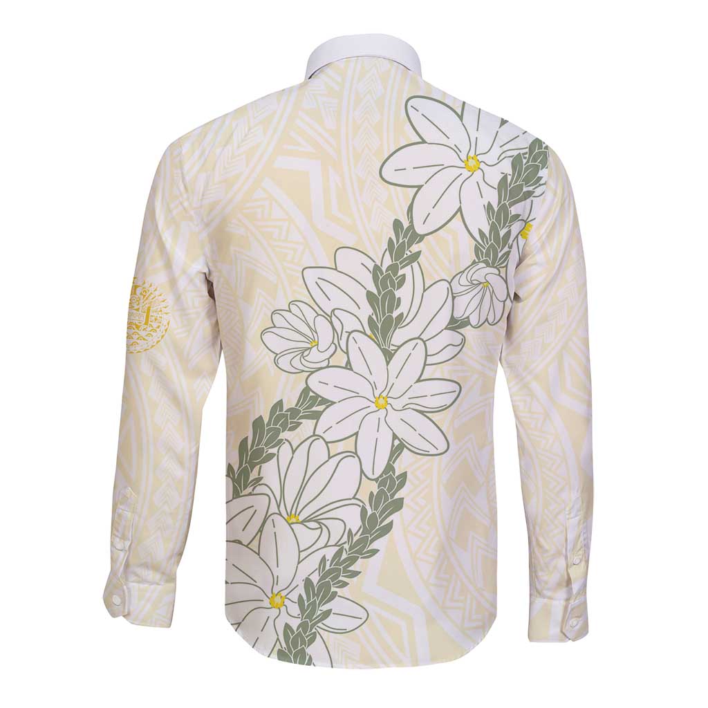Ia Orana Tahiti Tiare Long Sleeve Button Shirt Lemon Yellow Lei LT7 - Polynesian Pride