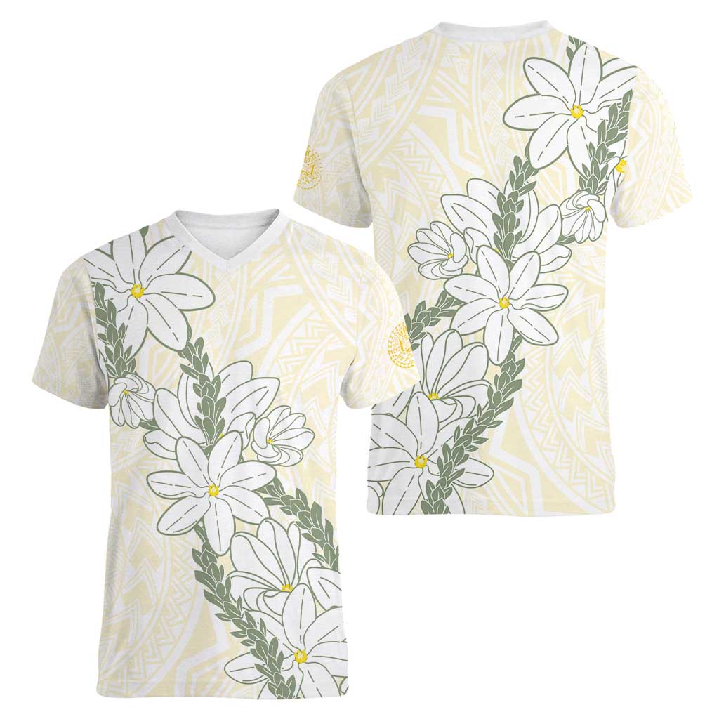 Ia Orana Tahiti Tiare Women V-Neck T-Shirt Lemon Yellow Lei - Polynesian Pride