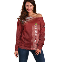 Mate Ma'a Tonga Custom Off Shoulder Sweater Basic Ngatu Kupesi Motif LT7 Women Red - Polynesian Pride