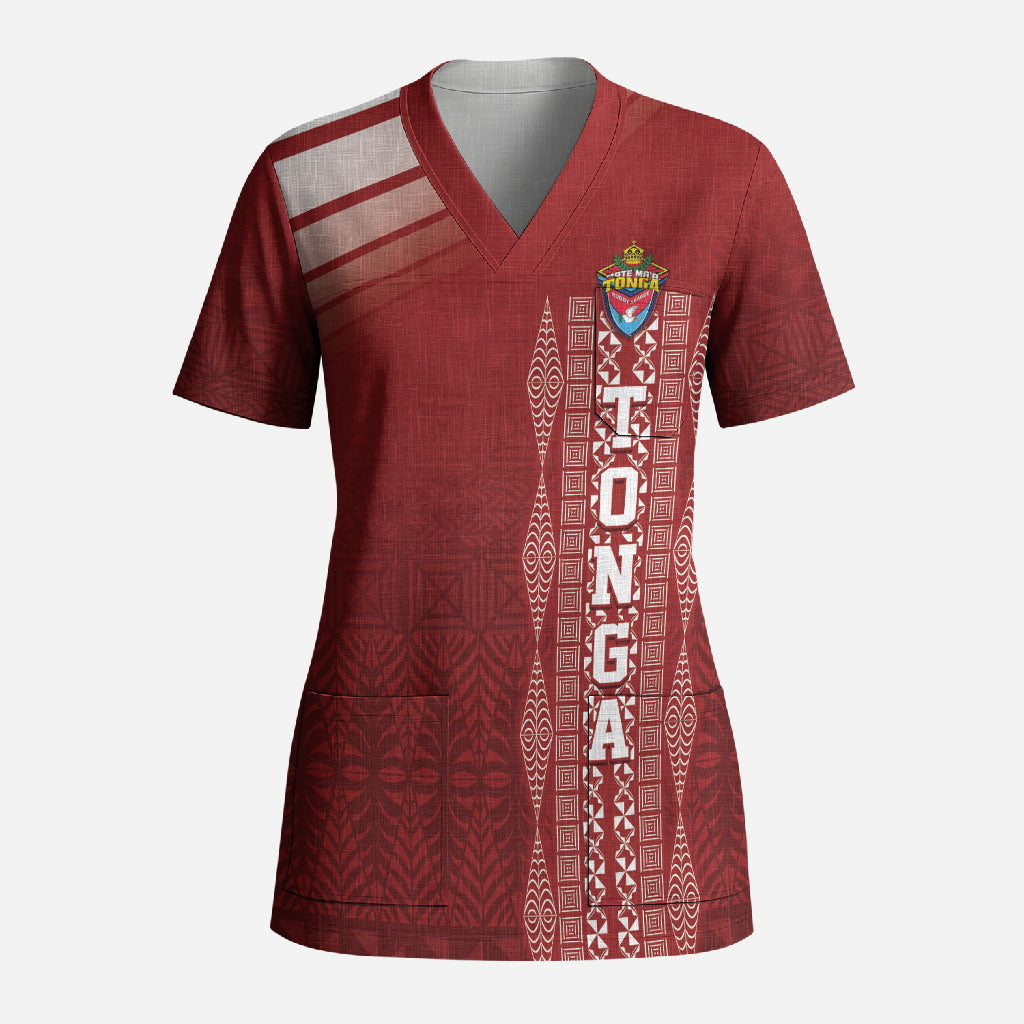 Mate Ma'a Tonga Custom Scrub Top Basic Ngatu Kupesi Motif LT7 Adult Red - Polynesian Pride