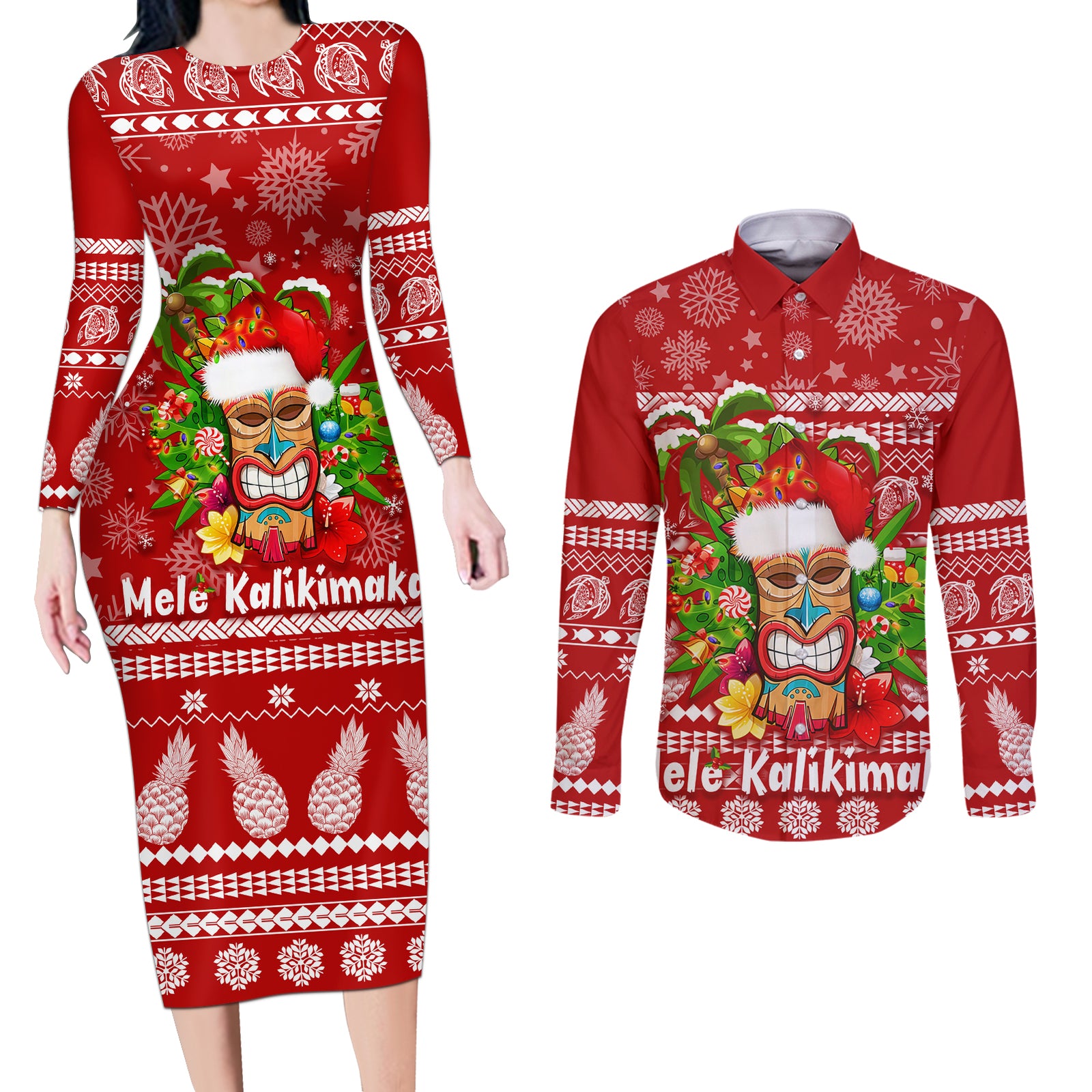 Hawaii Tiki Christmas Couples Matching Long Sleeve Bodycon Dress and Long Sleeve Button Shirt Mele Kalikimaka LT7 Red - Polynesian Pride