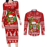 Hawaii Tiki Christmas Couples Matching Long Sleeve Bodycon Dress and Long Sleeve Button Shirt Mele Kalikimaka LT7 Red - Polynesian Pride