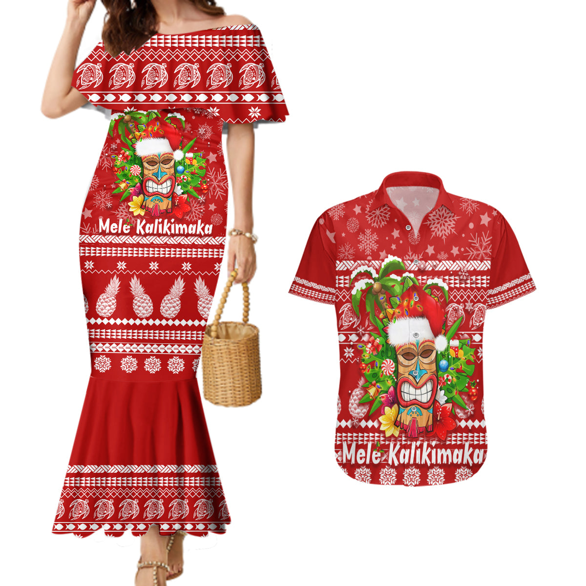 Hawaii Tiki Christmas Couples Matching Mermaid Dress and Hawaiian Shirt Mele Kalikimaka LT7 Red - Polynesian Pride