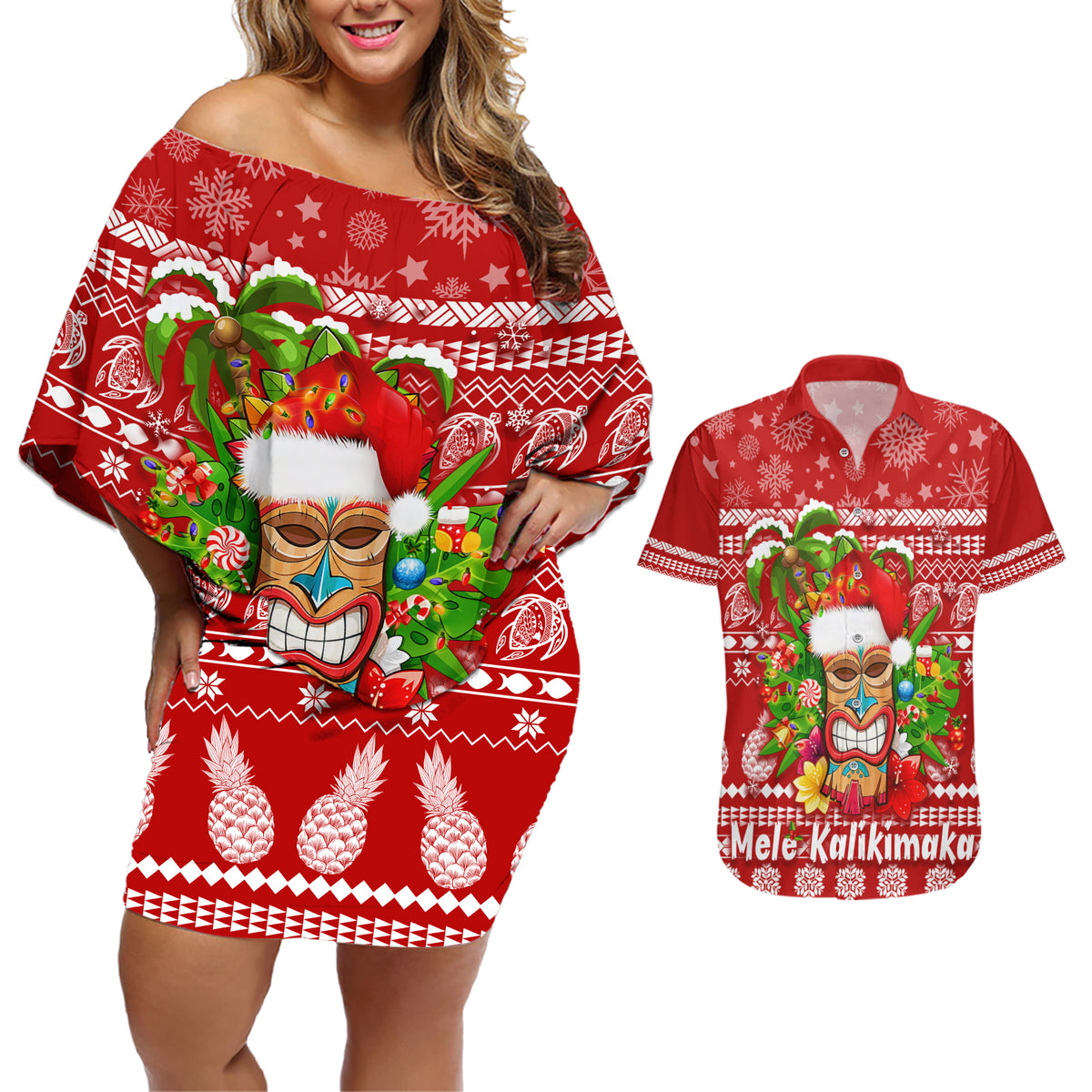 Hawaii Tiki Christmas Couples Matching Off Shoulder Short Dress and Hawaiian Shirt Mele Kalikimaka LT7 Red - Polynesian Pride