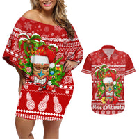Hawaii Tiki Christmas Couples Matching Off Shoulder Short Dress and Hawaiian Shirt Mele Kalikimaka LT7 Red - Polynesian Pride