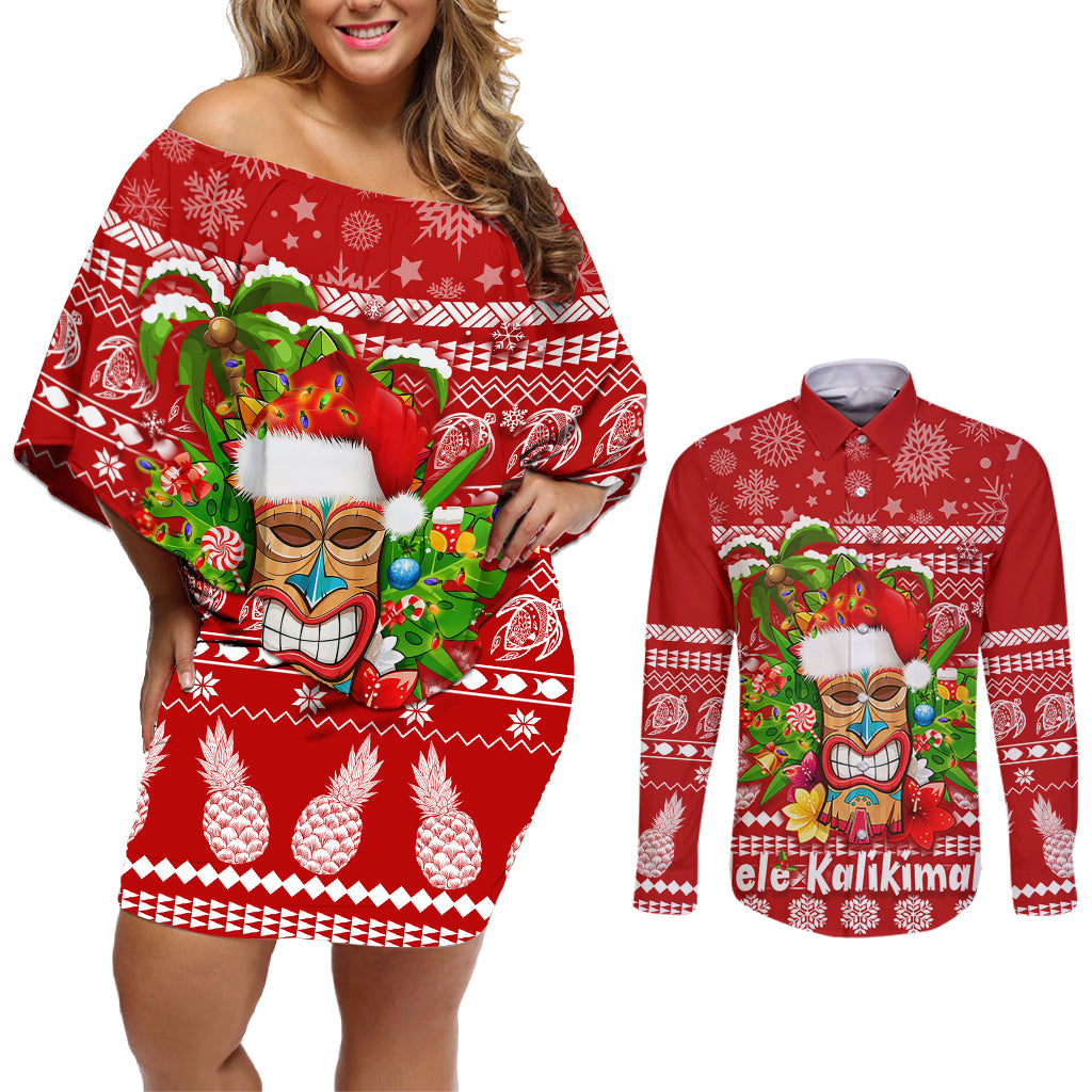 Hawaii Tiki Christmas Couples Matching Off Shoulder Short Dress and Long Sleeve Button Shirt Mele Kalikimaka LT7 Red - Polynesian Pride
