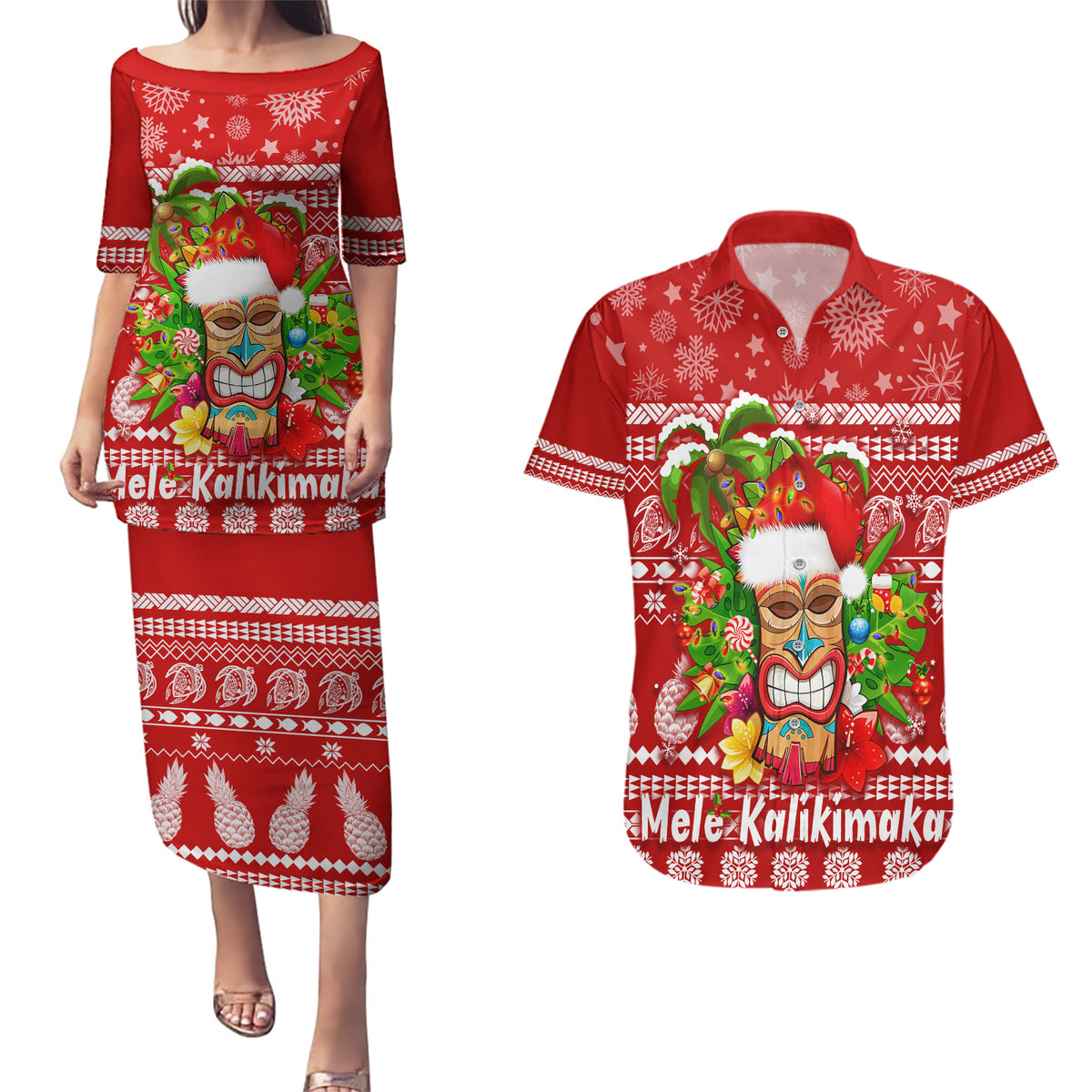 Hawaii Tiki Christmas Couples Matching Puletasi Dress and Hawaiian Shirt Mele Kalikimaka LT7 Red - Polynesian Pride