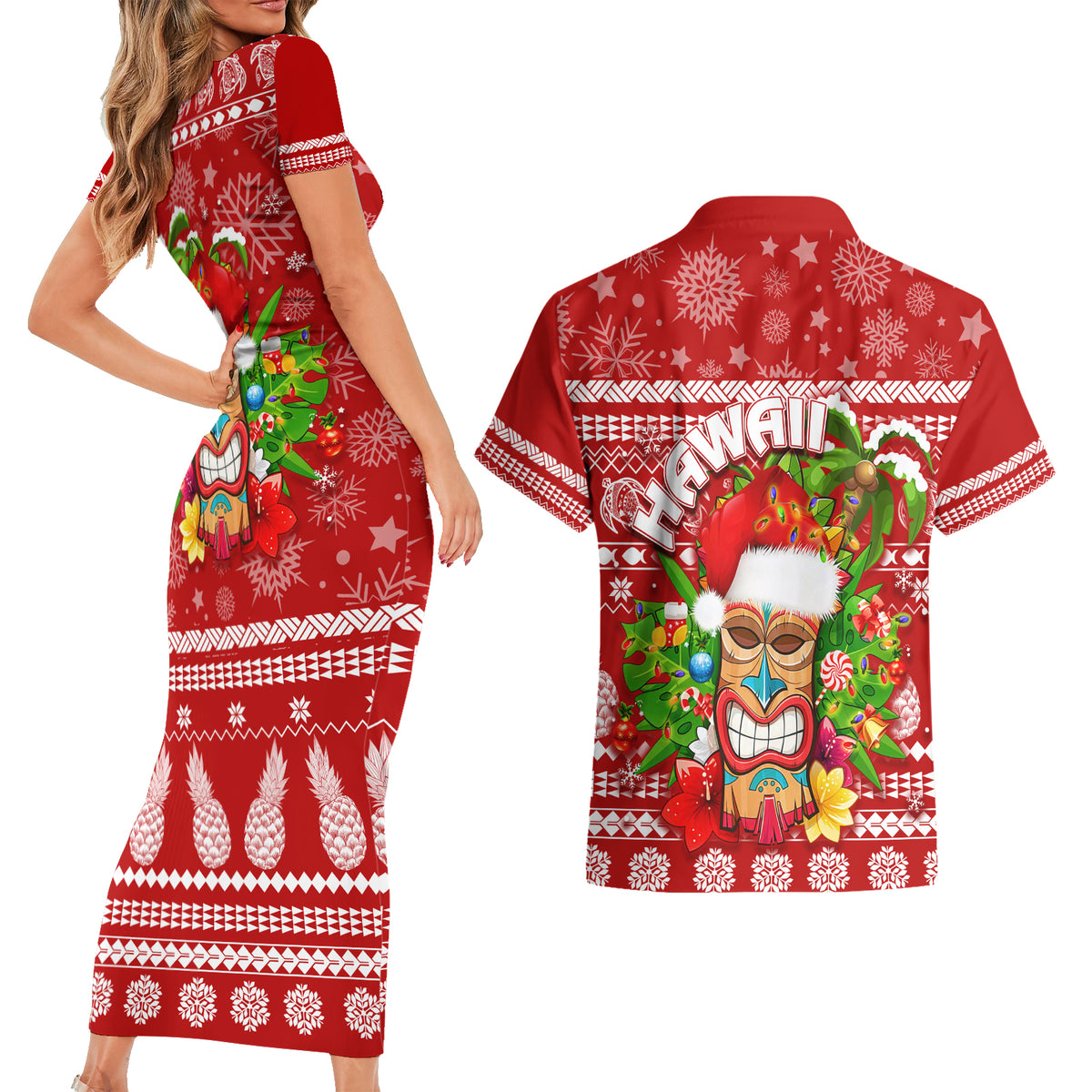 Hawaii Tiki Christmas Couples Matching Short Sleeve Bodycon Dress and Hawaiian Shirt Mele Kalikimaka LT7 - Polynesian Pride