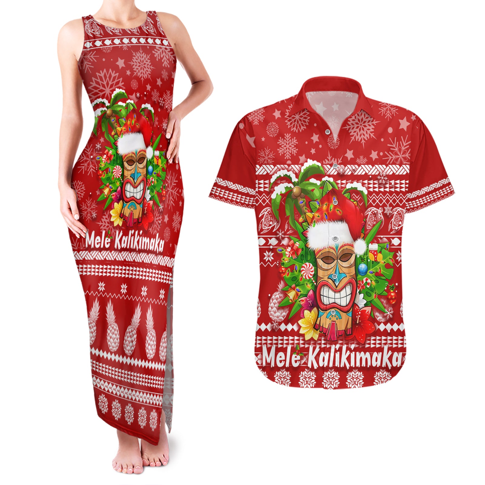 Hawaii Tiki Christmas Couples Matching Tank Maxi Dress and Hawaiian Shirt Mele Kalikimaka LT7 Red - Polynesian Pride