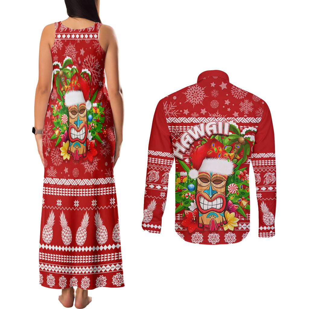 Hawaii Tiki Christmas Couples Matching Tank Maxi Dress and Long Sleeve Button Shirt Mele Kalikimaka LT7 - Polynesian Pride