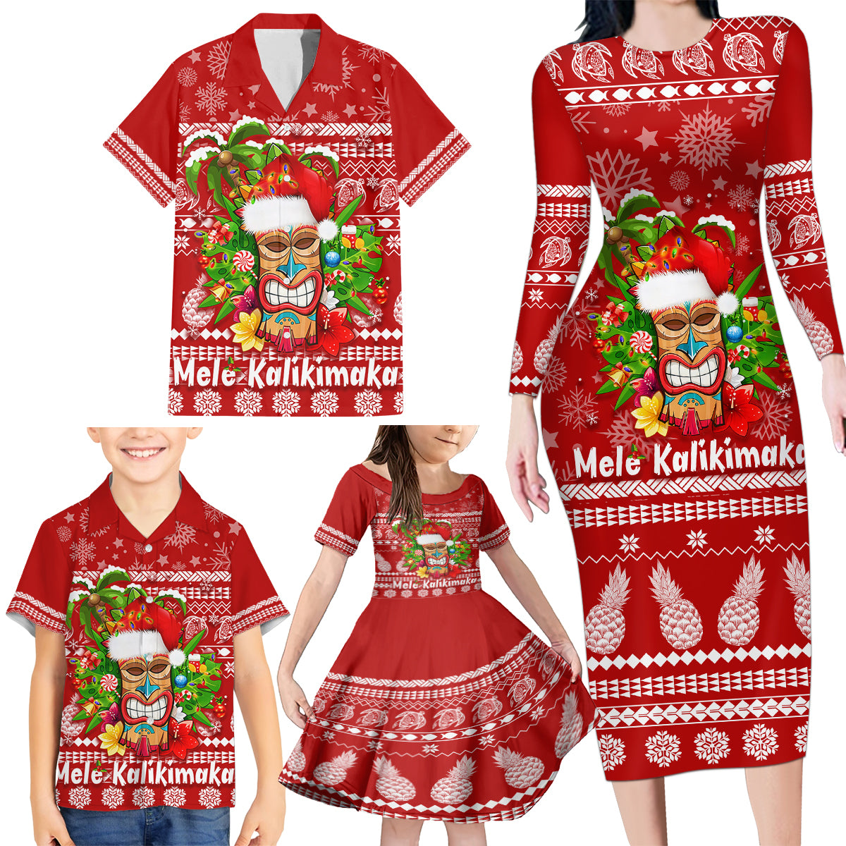 Hawaii Tiki Christmas Family Matching Long Sleeve Bodycon Dress and Hawaiian Shirt Mele Kalikimaka LT7 - Polynesian Pride