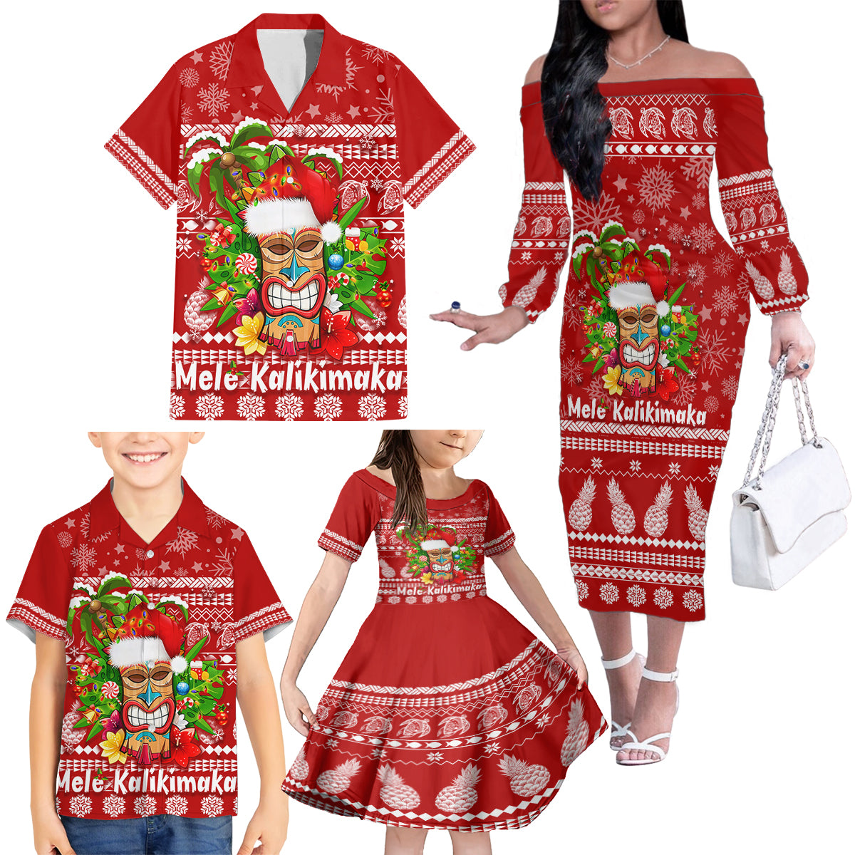 Hawaii Tiki Christmas Family Matching Off Shoulder Long Sleeve Dress and Hawaiian Shirt Mele Kalikimaka LT7 - Polynesian Pride