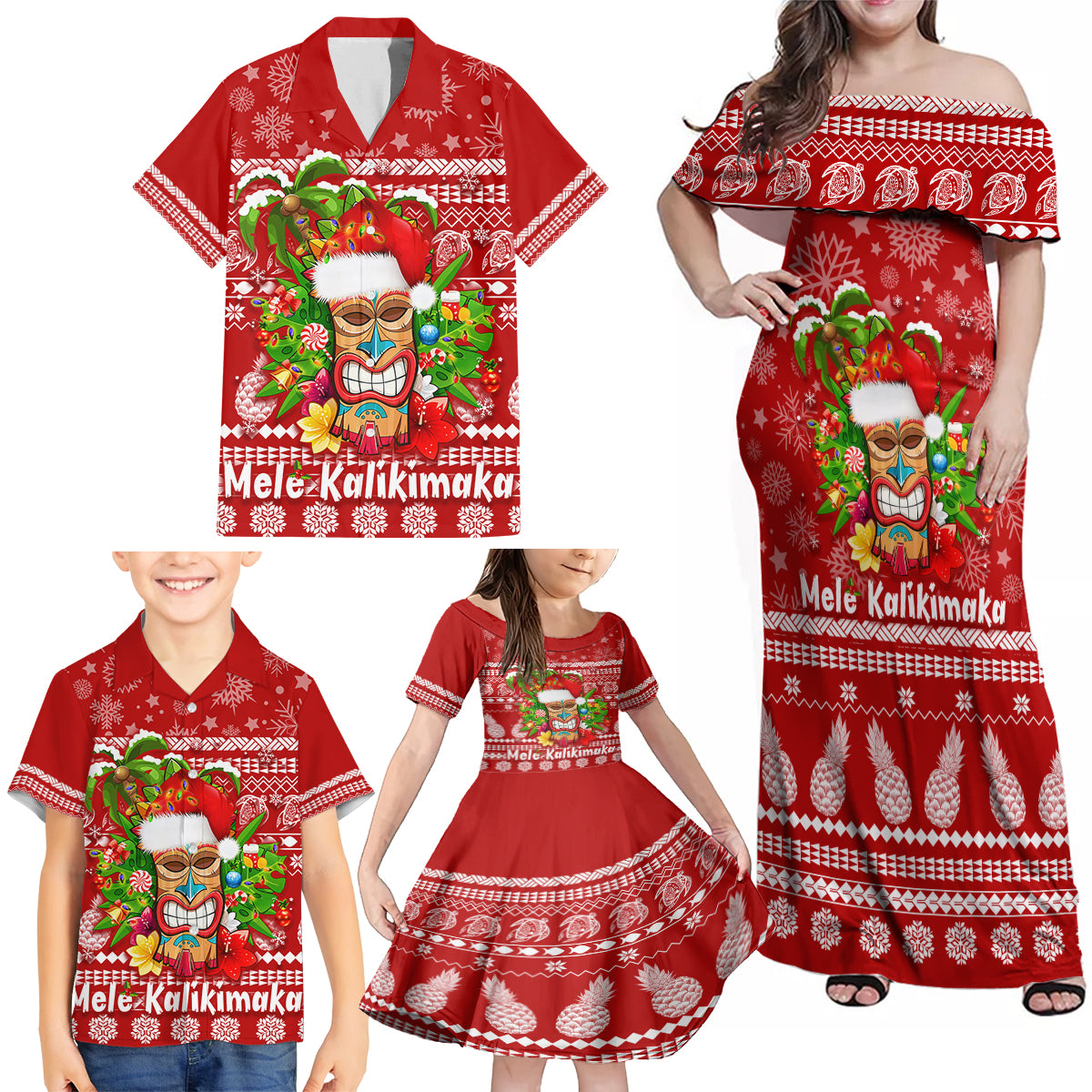 Hawaii Tiki Christmas Family Matching Off Shoulder Maxi Dress and Hawaiian Shirt Mele Kalikimaka LT7 - Polynesian Pride