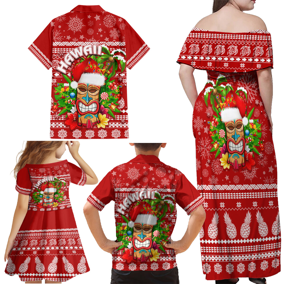 Hawaii Tiki Christmas Family Matching Off Shoulder Maxi Dress and Hawaiian Shirt Mele Kalikimaka LT7 - Polynesian Pride