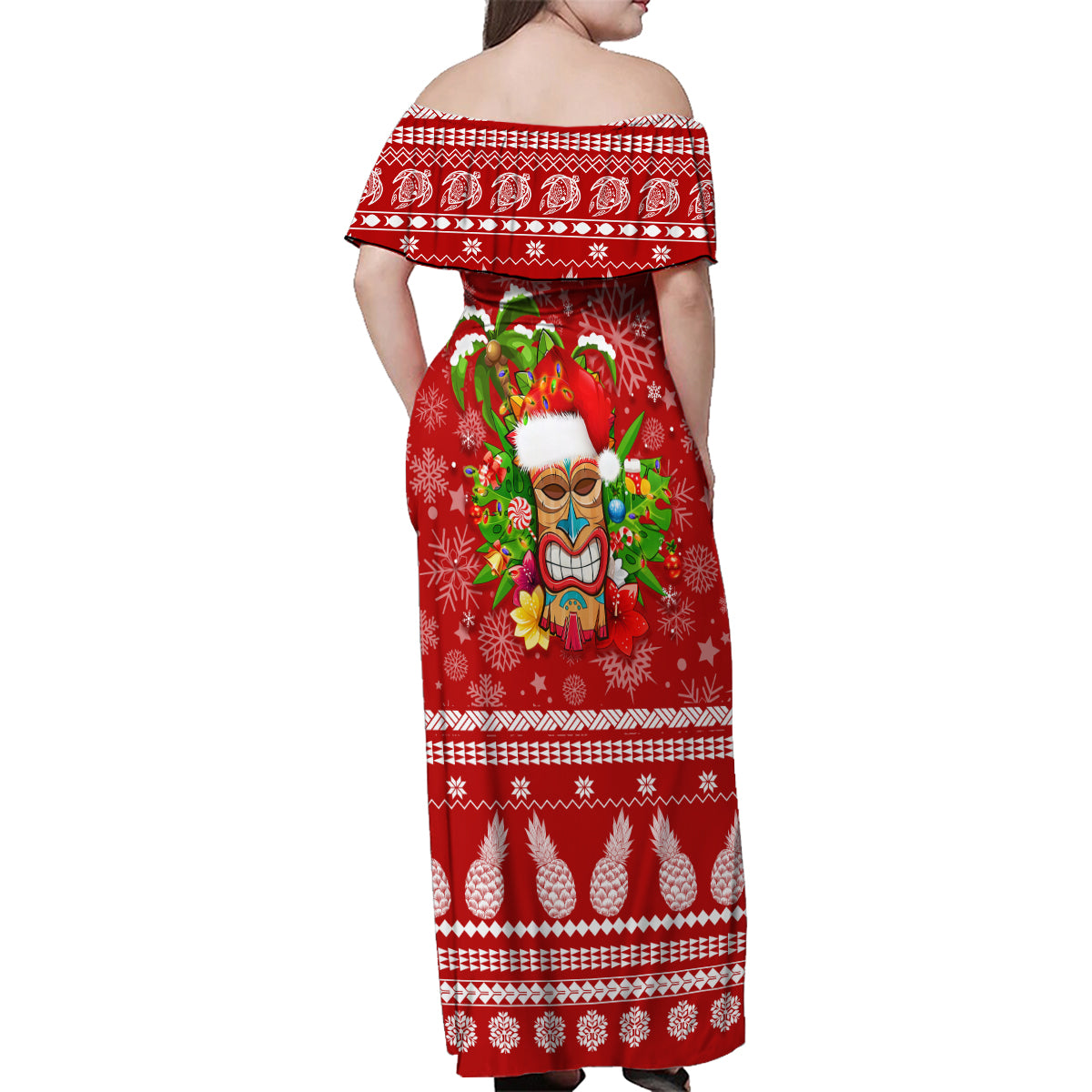 Hawaii Tiki Christmas Family Matching Off Shoulder Maxi Dress and Hawaiian Shirt Mele Kalikimaka LT7 - Polynesian Pride