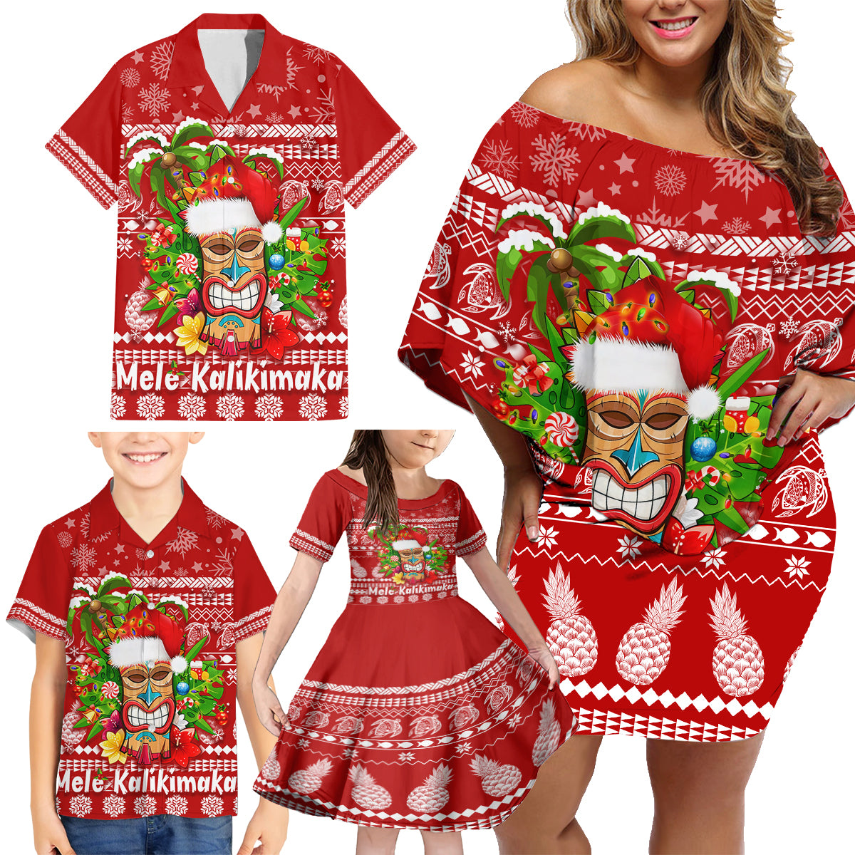 Hawaii Tiki Christmas Family Matching Off Shoulder Short Dress and Hawaiian Shirt Mele Kalikimaka LT7 - Polynesian Pride