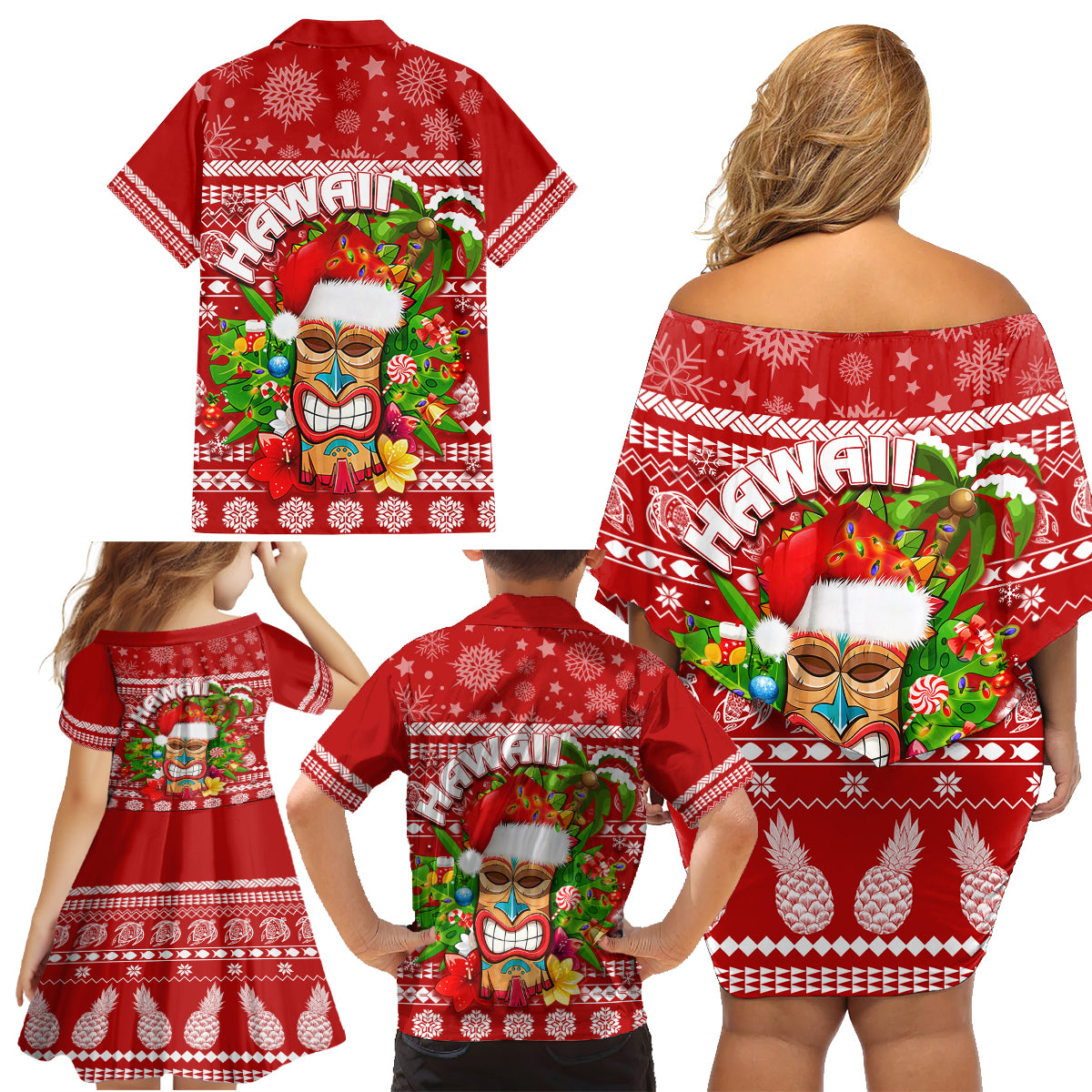 Hawaii Tiki Christmas Family Matching Off Shoulder Short Dress and Hawaiian Shirt Mele Kalikimaka LT7 - Polynesian Pride