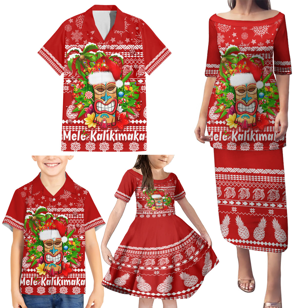 Hawaii Tiki Christmas Family Matching Puletasi Dress and Hawaiian Shirt Mele Kalikimaka LT7 - Polynesian Pride