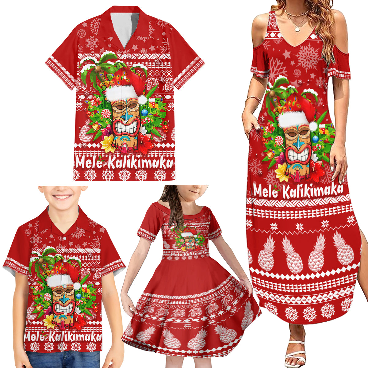 Hawaii Tiki Christmas Family Matching Summer Maxi Dress and Hawaiian Shirt Mele Kalikimaka LT7 - Polynesian Pride