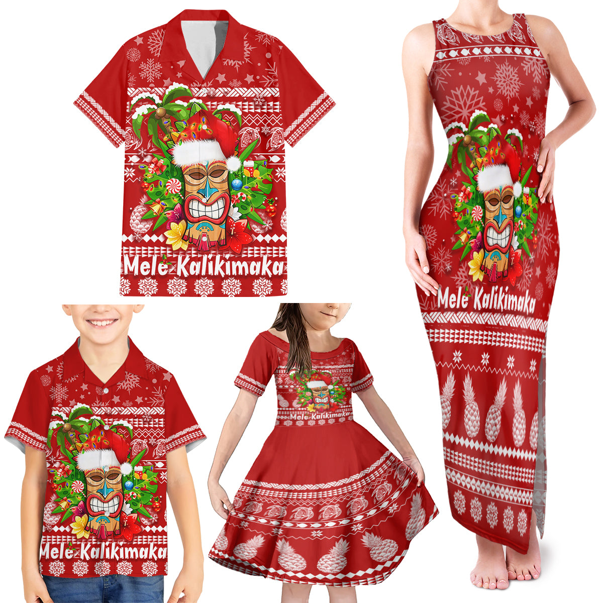 Hawaii Tiki Christmas Family Matching Tank Maxi Dress and Hawaiian Shirt Mele Kalikimaka LT7 - Polynesian Pride