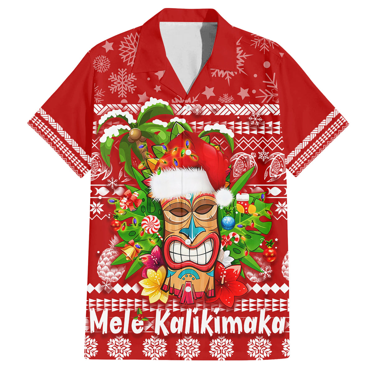 Hawaii Tiki Christmas Family Matching Tank Maxi Dress and Hawaiian Shirt Mele Kalikimaka LT7 Dad's Shirt - Short Sleeve Red - Polynesian Pride