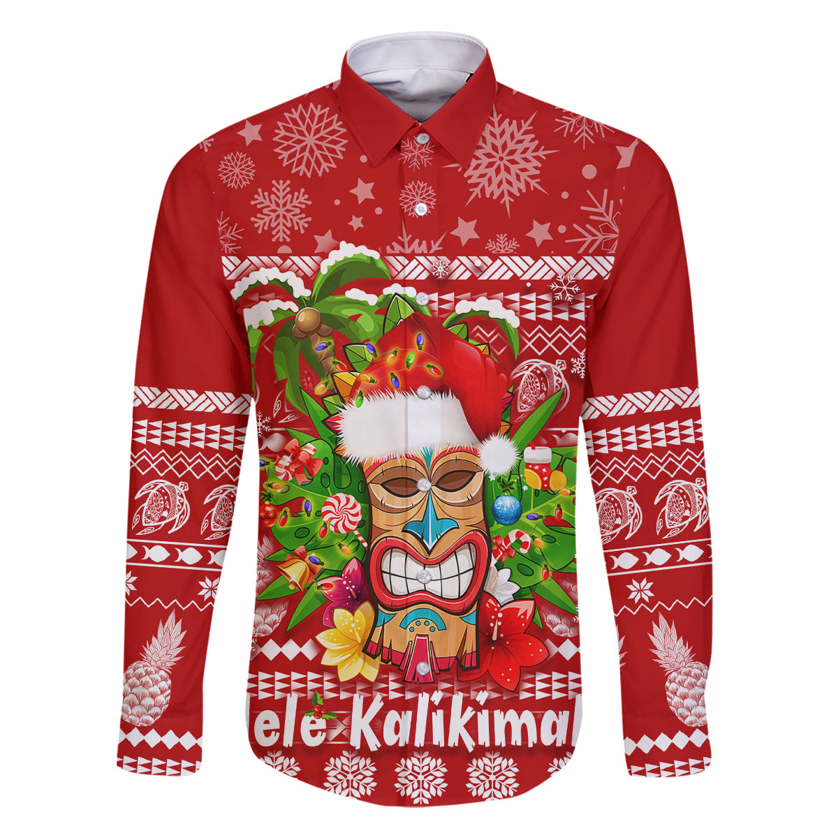 Hawaii Tiki Christmas Family Matching Tank Maxi Dress and Hawaiian Shirt Mele Kalikimaka LT7 Dad's Shirt - Long Sleeve Red - Polynesian Pride