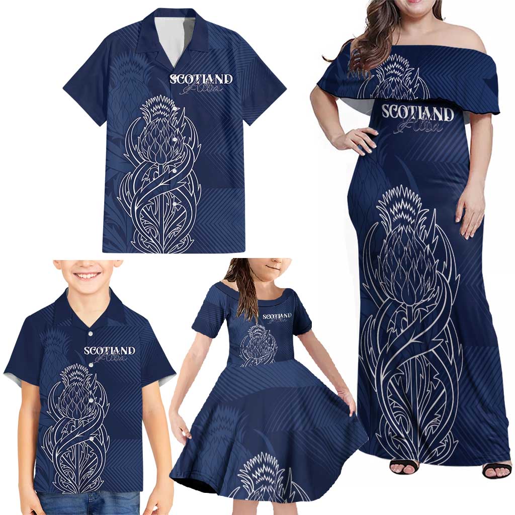 Scotland Rugby Personalized Family Matching Off Shoulder Maxi Dress and Hawaiian Shirt Thistle Royal Style