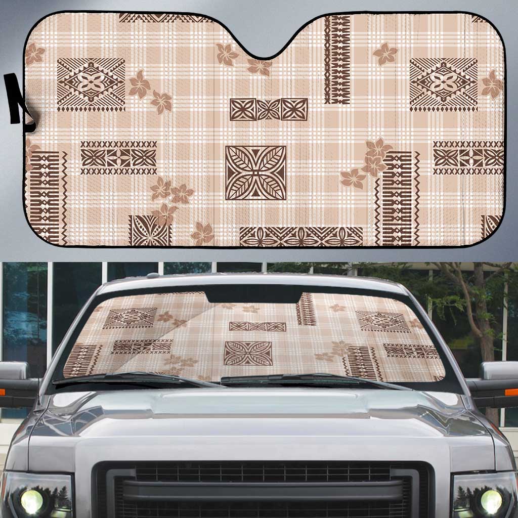 Hawaiian Quilt Tapa On Beige Palaka Motifs Auto Sun Shade LT7 Beige - Polynesian Pride