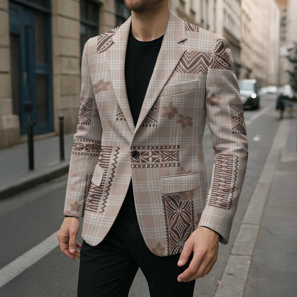 Hawaiian Quilt Tapa On Beige Palaka Motifs Blazer LT7 - Polynesian Pride